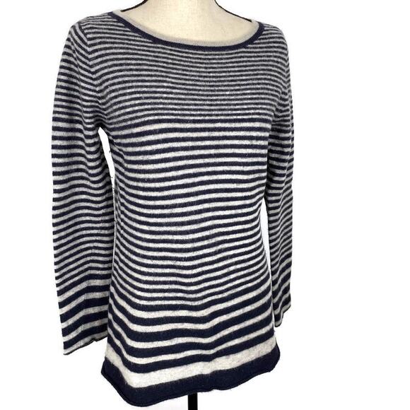 Lucy & Laurel Lambswool Sweater Mixed Striped Navy Blue & Cream Women Sz Lg - Picture 1 of 10
